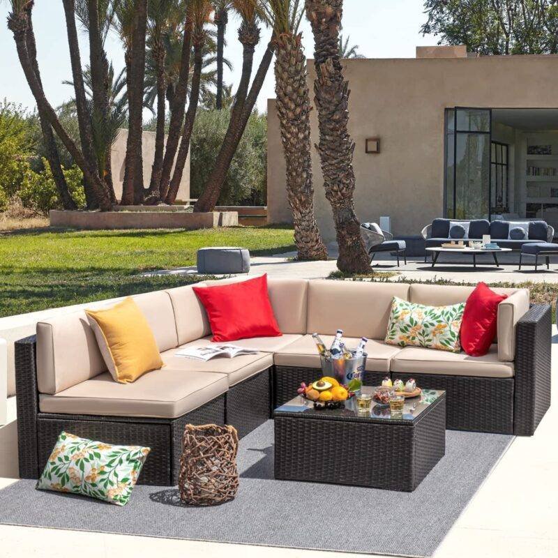 DEVOKO 4 Pieces Outdoor Patio Wicker Conversation Furniture Set (Dark Brown & Cream) - Image 5