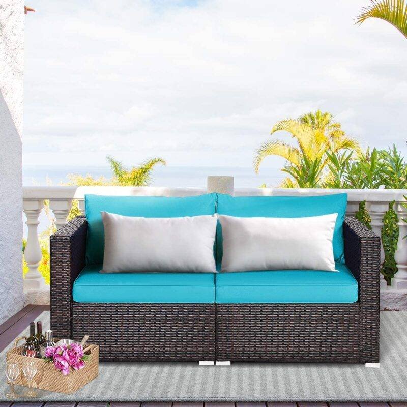 DEVOKO Outdoor Sectional Rattan Sofa Set (Dark Brown & Sky Blue) - Image 5