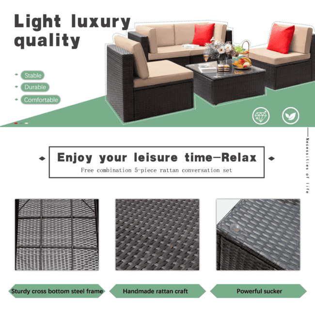 DEVOKO 4 Pieces Outdoor Patio Sectional Sofa Couch (Dark Brown, Cream) - Image 5