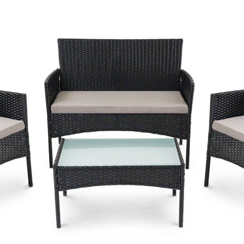 4-Piece Rattan Wicker Patio Furniture Set with Cushions and Glass Table (Black & Cream) - Image 2