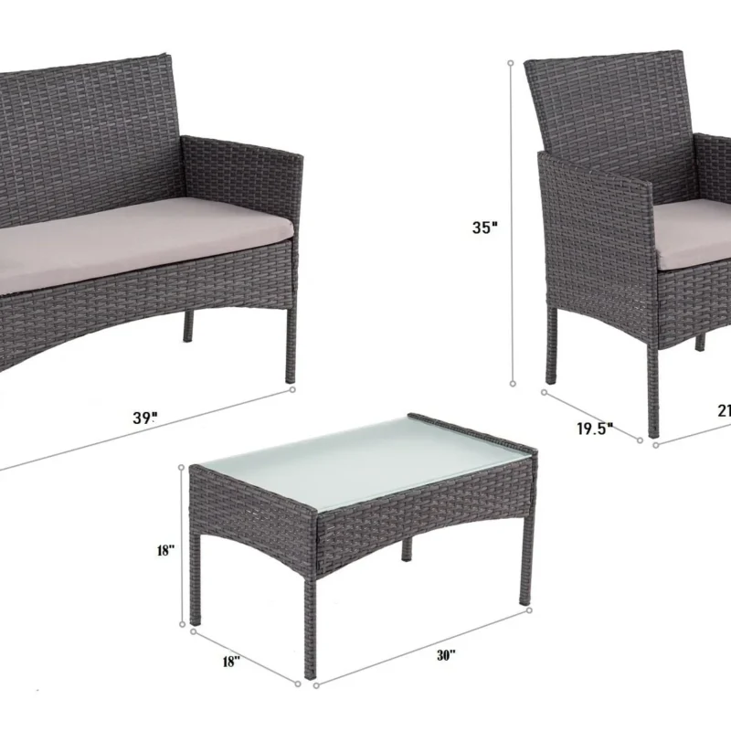 4-Piece Rattan Wicker Patio Furniture Set with Cushions and Glass Table (Dark Brown & Grey) - Image 2