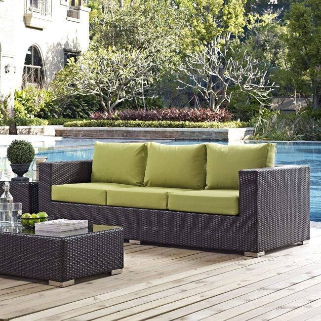 Dark Brown 3-Seater Wicker Rattan Patio Sofa & Green Cushions