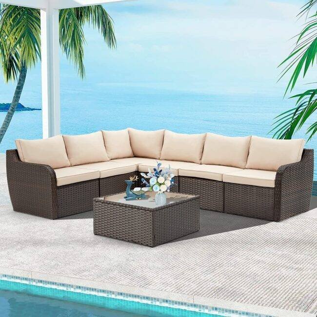 Devoko 3-Piece L-Shape Patio Conversation Set(Dark Brown & Cream) - Image 3