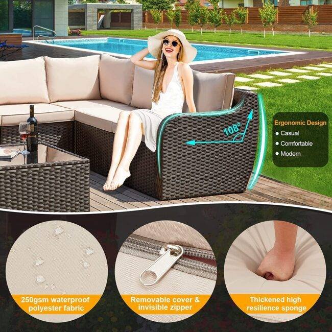 Devoko 3-Piece L-Shape Patio Conversation Set(Dark Brown & Cream) - Image 4