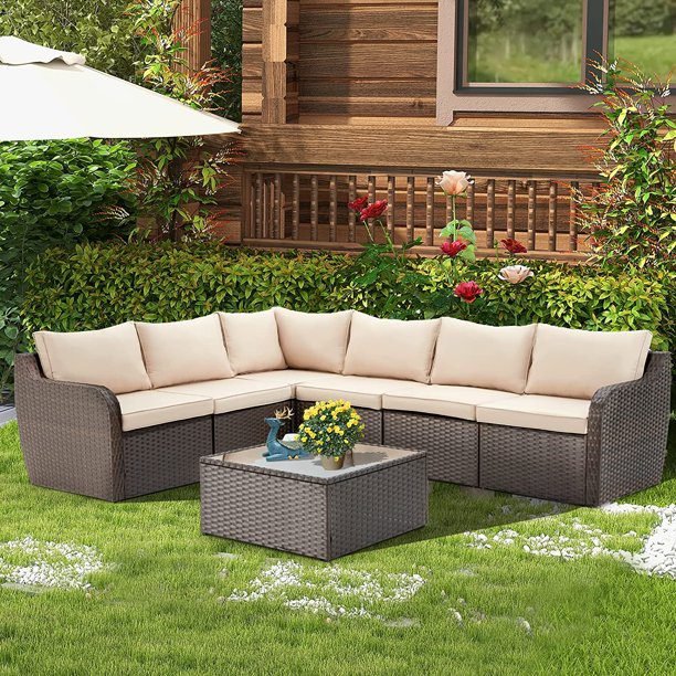 Devoko 3-Piece L-Shape Patio Conversation Set(Dark Brown & Cream)