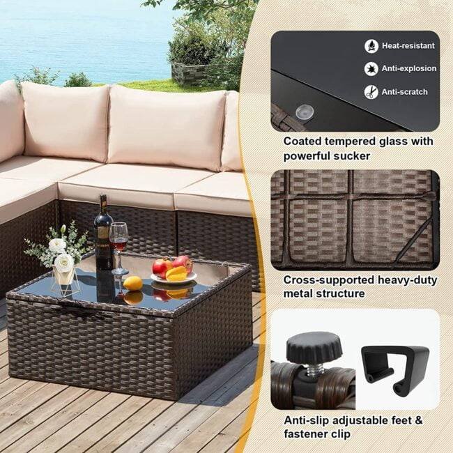Devoko 3-Piece L-Shape Patio Conversation Set(Dark Brown & Cream) - Image 6