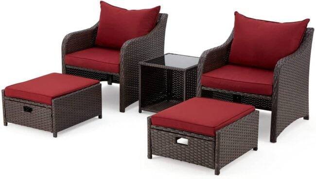 5-Piece Red Cushioned Rattan Patio Set: Dark Brown Elegance - Image 3