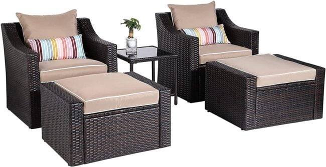 5-Piece Outdoor Wicker Furniture Set (Dark Brown Rattan & Cream Cushion) - Image 3