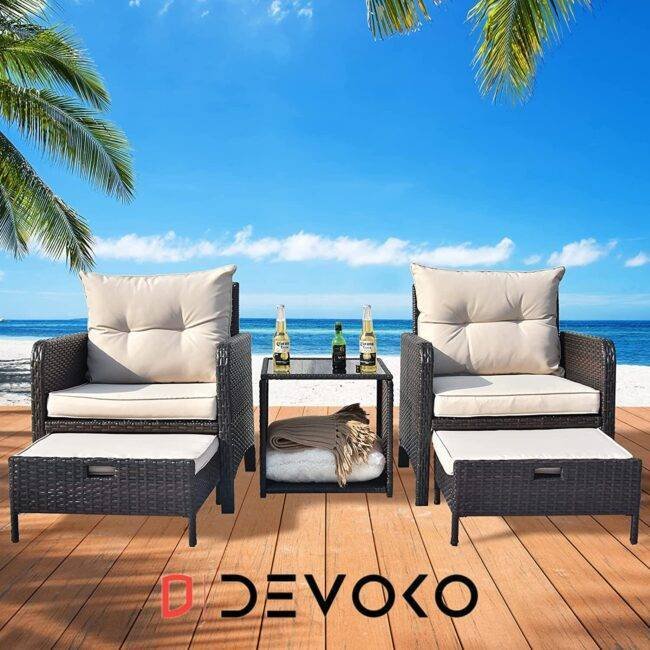 5-Piece Wicker Patio Furniture Set (Dark Brown & Off White)