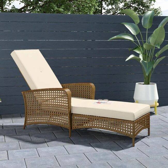 Brown Wicker Rattan Adjustable Chaise Lounge with Beige Cushions: 1Pack