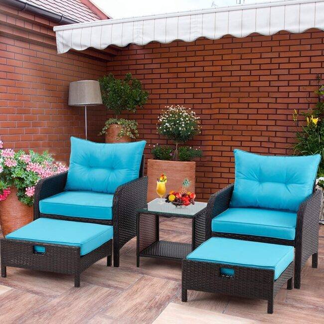 5-Piece Patio Furniture Set with Ottoman & Table in Dark Brown & Sky Blue
