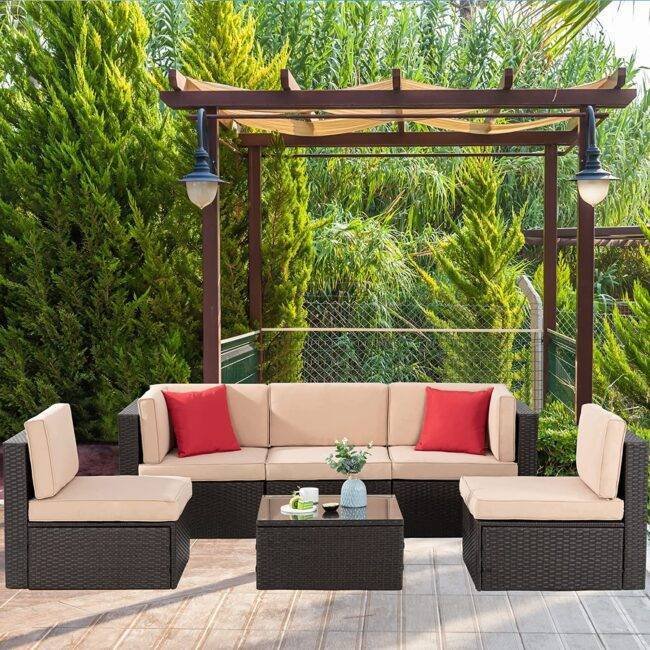 Dark Brown & Cream Outdoor Patio Sofa Set with Cushions & Pillows