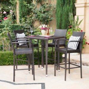 5-Piece Wicker Bistro Patio Set: Counter Height Table & 4 Bar Stools with Cushions