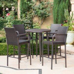 5-Piece Wicker Patio Bistro Set: Round Table, 4 Bar Stools