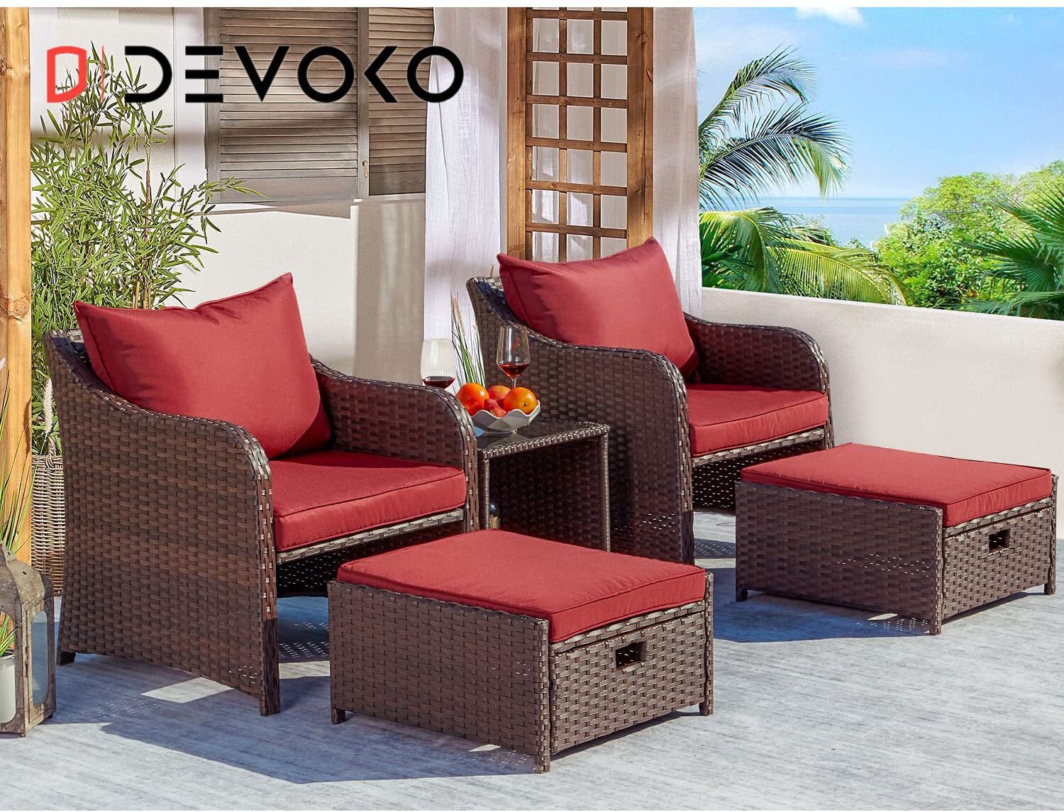 5-Piece Red Cushioned Rattan Patio Set: Dark Brown Elegance