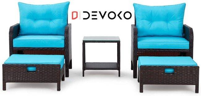 5-Piece Patio Furniture Set with Ottoman & Table in Dark Brown & Sky Blue - Image 3
