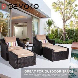 5-Piece Outdoor Wicker Furniture Set (Dark Brown Rattan & Cream Cushion)