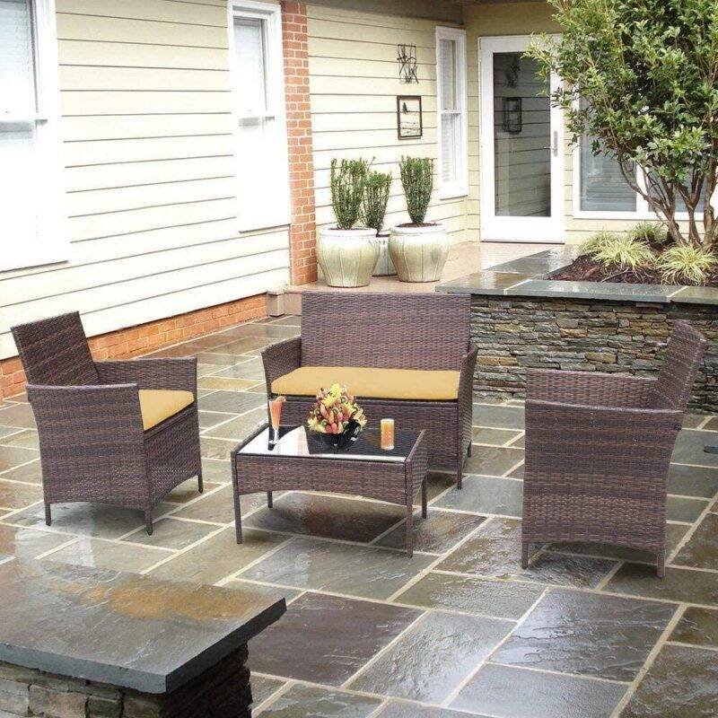 4-Pc Dark Brown & Yellow Rattan Patio Furniture Set with Glass Coffee Table - Image 3