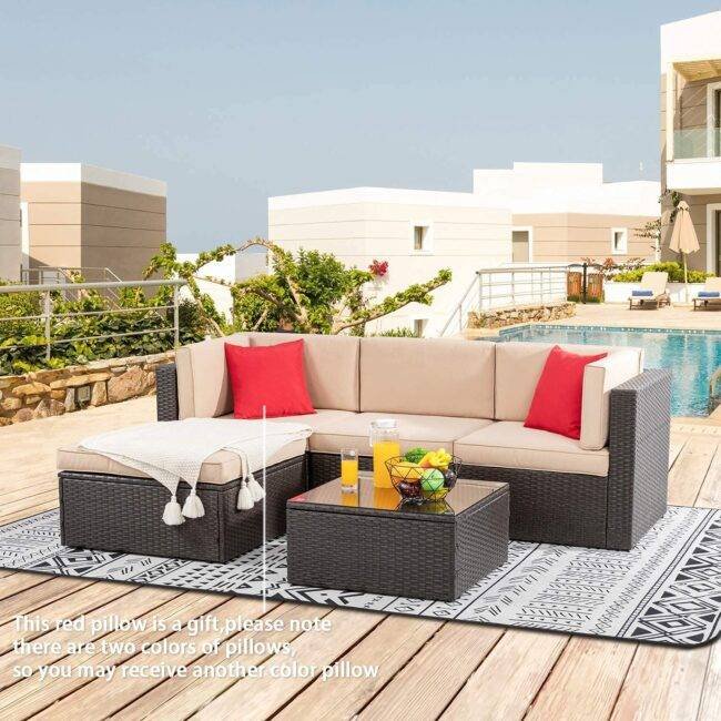 3-piece Outdoor Patio Furniture Set: All-Weather Rattan Sofa Set (Dark Brown & Cream)