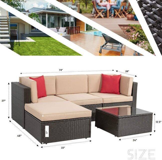 3-piece Outdoor Patio Furniture Set: All-Weather Rattan Sofa Set (Dark Brown & Cream) - Image 4