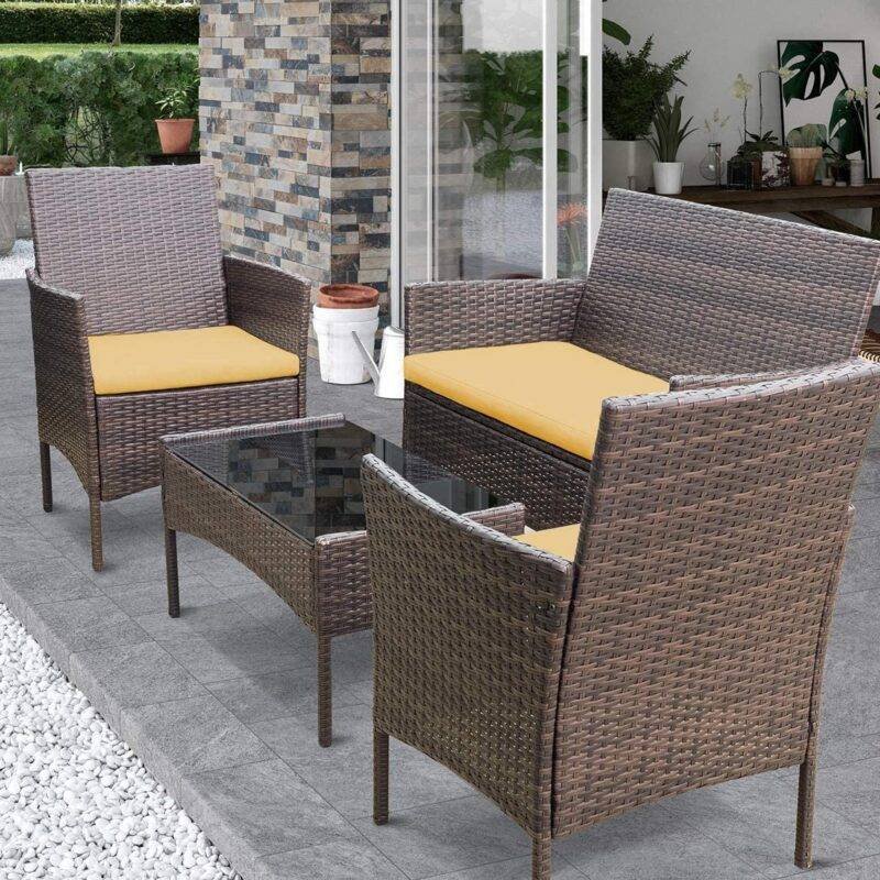 4-Pc Dark Brown & Yellow Rattan Patio Furniture Set with Glass Coffee Table - Image 2