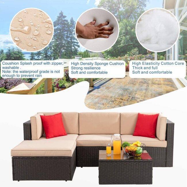 3-piece Outdoor Patio Furniture Set: All-Weather Rattan Sofa Set (Dark Brown & Cream) - Image 3