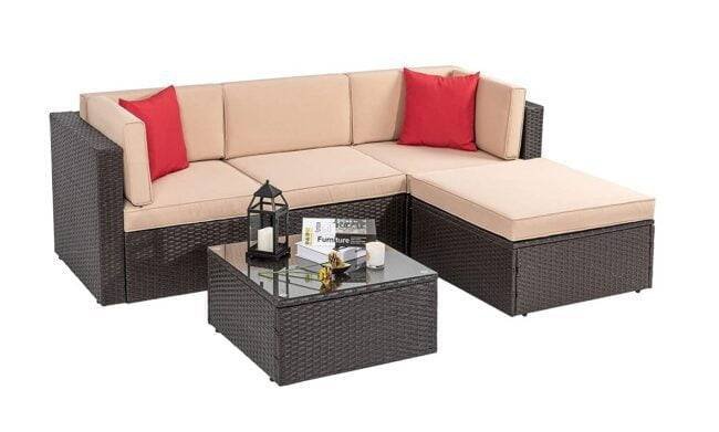 3-piece Outdoor Patio Furniture Set: All-Weather Rattan Sofa Set (Dark Brown & Cream) - Image 2
