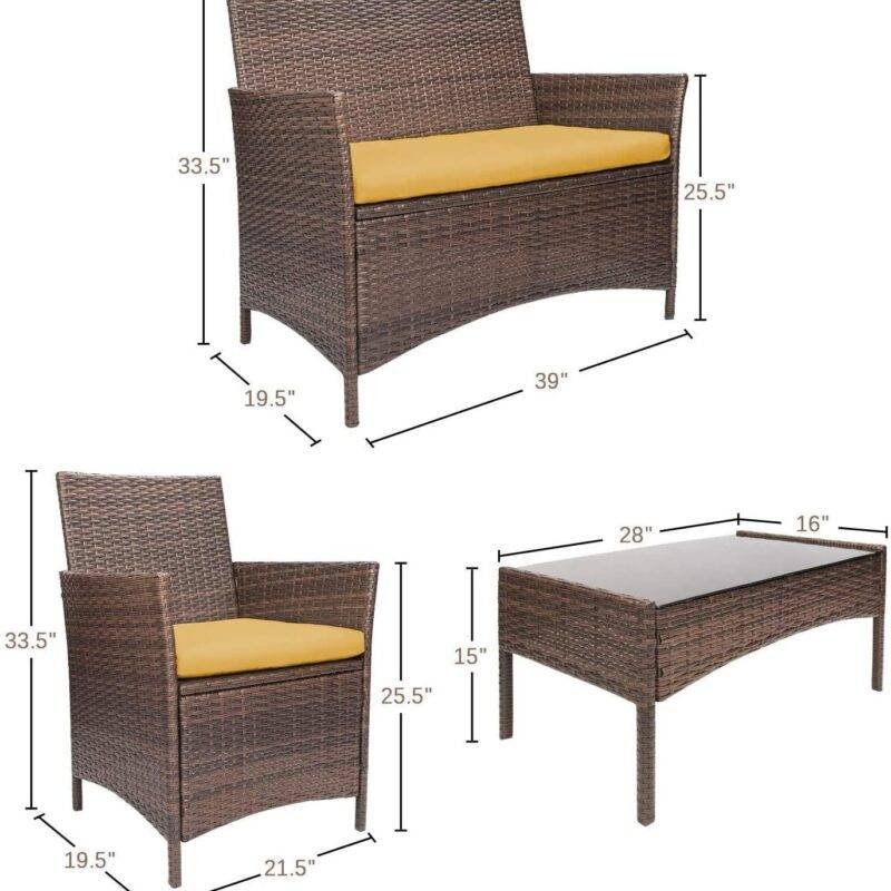 4-Pc Dark Brown & Yellow Rattan Patio Furniture Set with Glass Coffee Table - Image 4