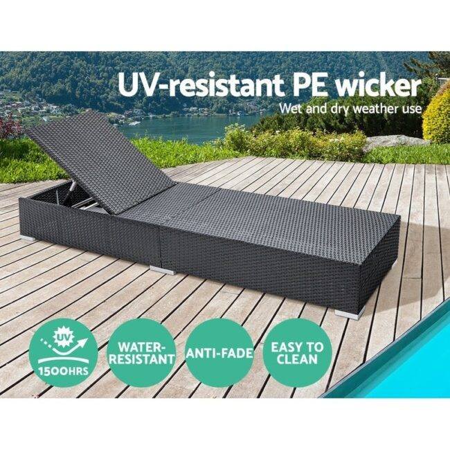 Outdoor Rattan Wicker Sun Lounger Recliner Chair Garden (Black Grey) - Image 3