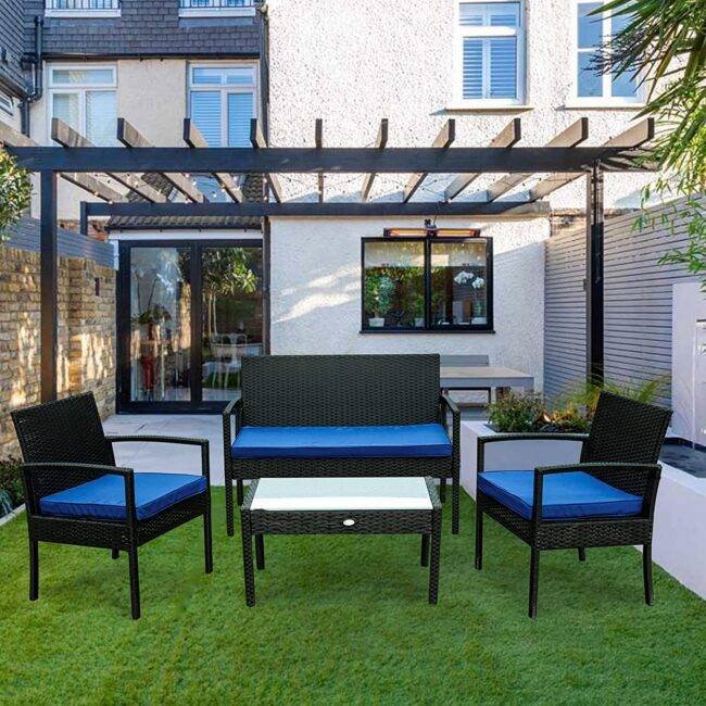 Black & Blue 4-Piece Outdoor Rattan Furniture Set