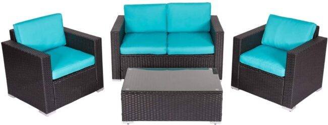 4Pc Outdoor Wicker Rattan Sofa Set with Cushions(Black & Sky blue) - Image 2