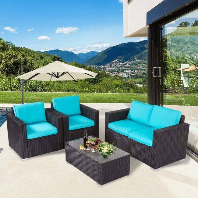 4Pc Outdoor Wicker Rattan Sofa Set with Cushions(Black & Sky blue)