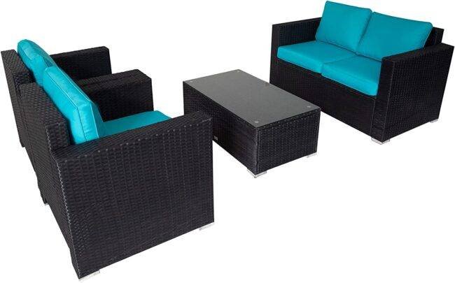 4Pc Outdoor Wicker Rattan Sofa Set with Cushions(Black & Sky blue) - Image 3
