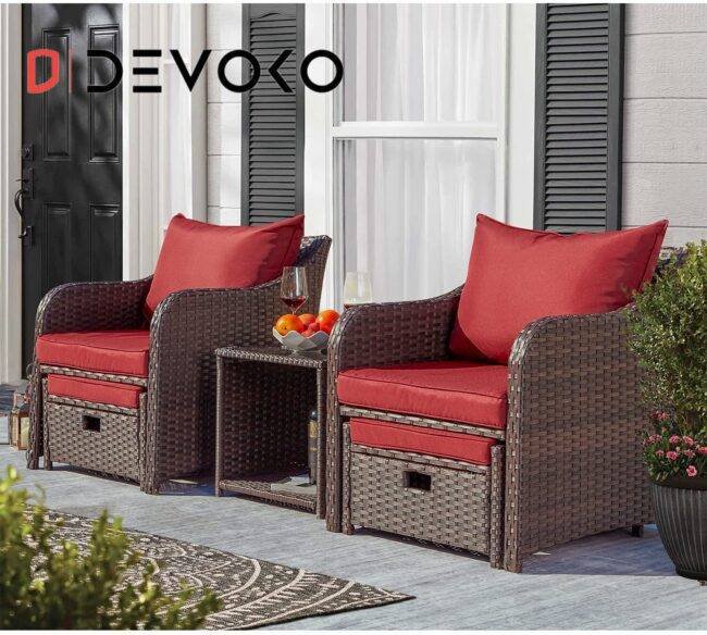 5-Piece Red Cushioned Rattan Patio Set: Dark Brown Elegance - Image 4