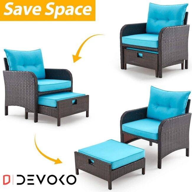 5-Piece Patio Furniture Set with Ottoman & Table in Dark Brown & Sky Blue - Image 4