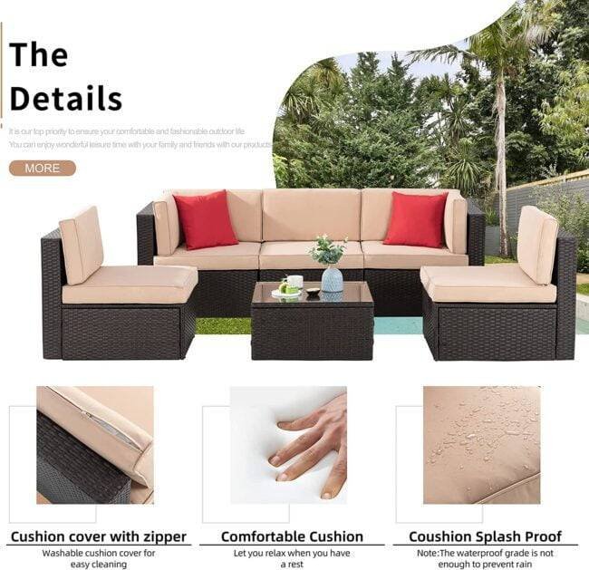 Dark Brown & Cream Outdoor Patio Sofa Set with Cushions & Pillows - Image 5