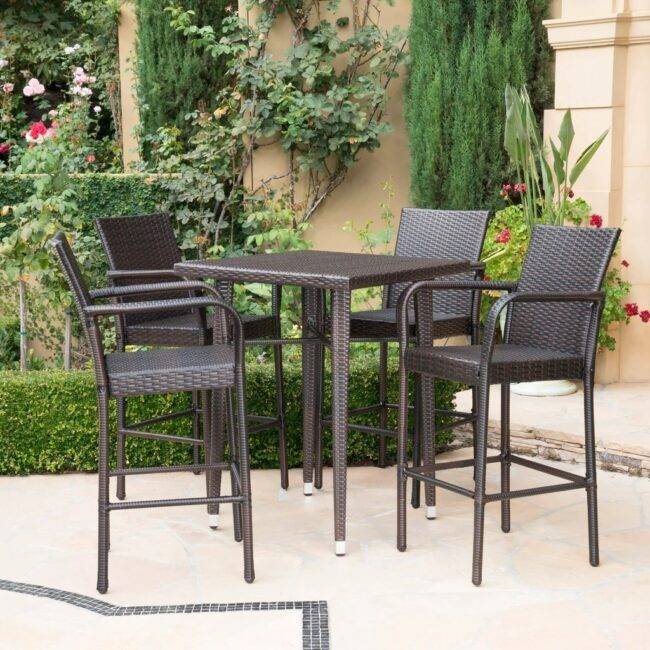 5-Piece Wicker Bistro Patio Set: Counter Height Table & 4 Bar Stools with Cushions - Image 5