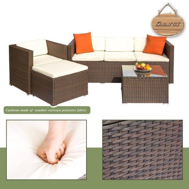 Outdoor Patio Sofa Set With Cushion and pillows: Dark brown & Cream - Image 6