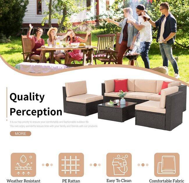Dark Brown & Cream Outdoor Patio Sofa Set with Cushions & Pillows - Image 4
