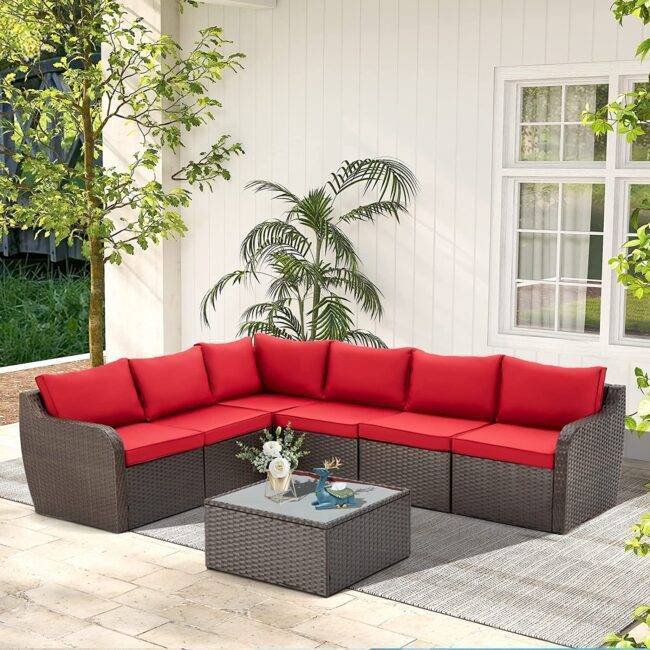 Rattan Wicker Sectional Patio Set with Ergonomic Design and Waterproof Cushions (Dark Brown & Red)