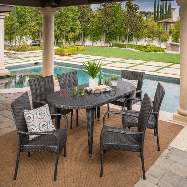 7PCS Wicker Patio Dining Set: Outdoor Rattan Table & Chairs with Cushions (Darkbrown)