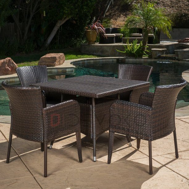 5-Piece Patio Dining Set, 4 Seats + 1 Square Table (Dark Brown)