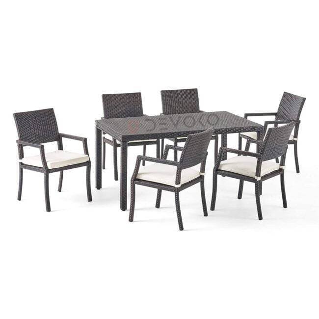 7PCS Wicker Patio Dining Set: Outdoor Rattan Table & Chairs with Cushions (Dark Brown & Off white) - Image 3