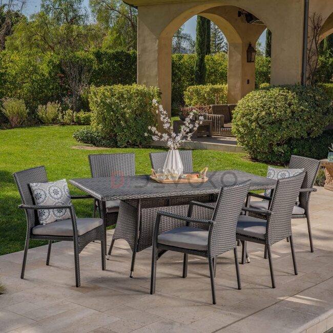 7PCS Wicker Patio Dining Set: Outdoor Rattan Table & Chairs with Cushions (Black & Grey)