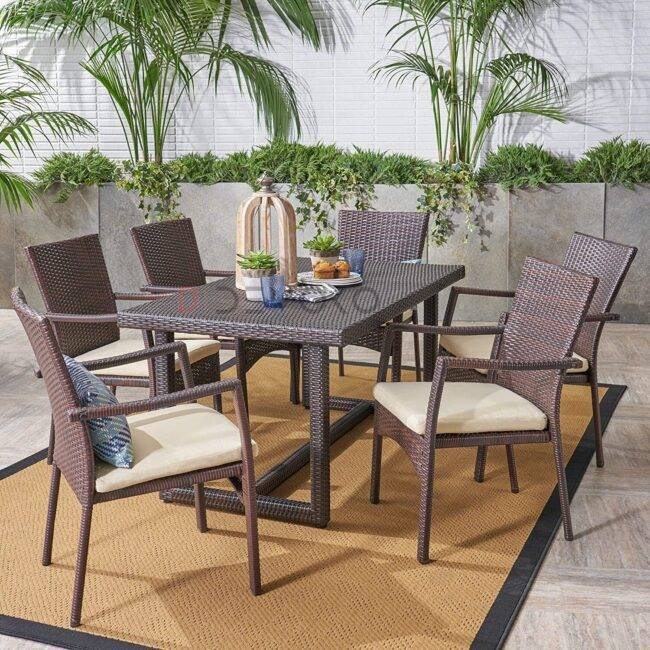 7PCS Wicker Patio Dining Set: Outdoor Rattan Table & Chairs with Cushions (Darkbrown & Cream)