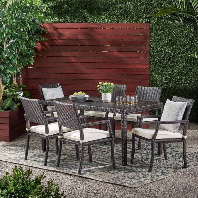 7PCS Wicker Patio Dining Set: Outdoor Rattan Table & Chairs with Cushions (Dark Brown & Off white)