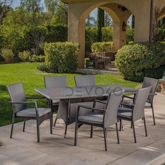 7PCS Wicker Patio Dining Set: Outdoor Rattan Table & Chairs with Cushions (Black & Grey) - Image 6