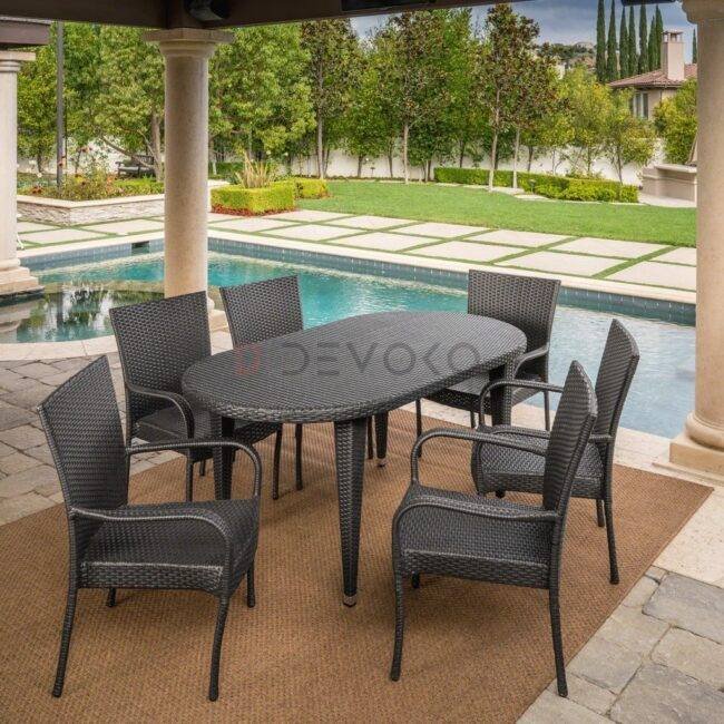 7PCS Wicker Patio Dining Set: Outdoor Rattan Table & Chairs with Cushions (Darkbrown) - Image 5