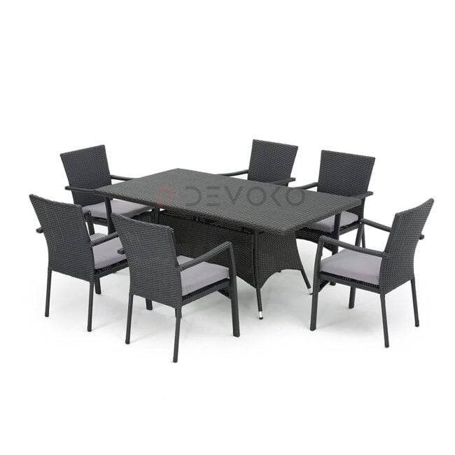7PCS Wicker Patio Dining Set: Outdoor Rattan Table & Chairs with Cushions (Black & Grey) - Image 7