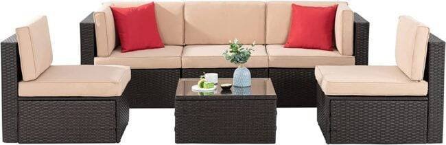 Dark Brown & Cream Outdoor Patio Sofa Set with Cushions & Pillows - Image 3